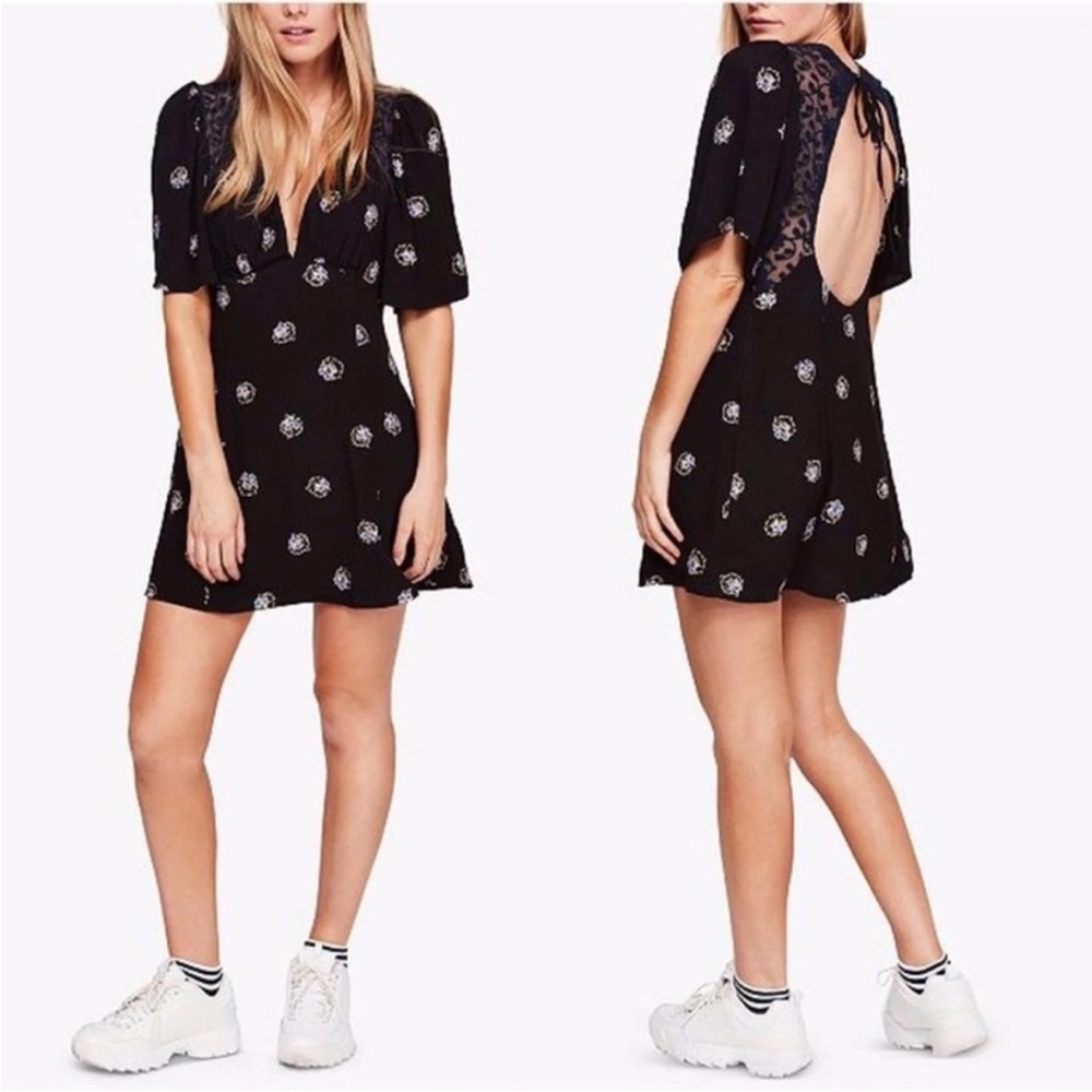 Free People Black Combo Lace Open Back Clove Mockingbird Mini Dress Size 6 US